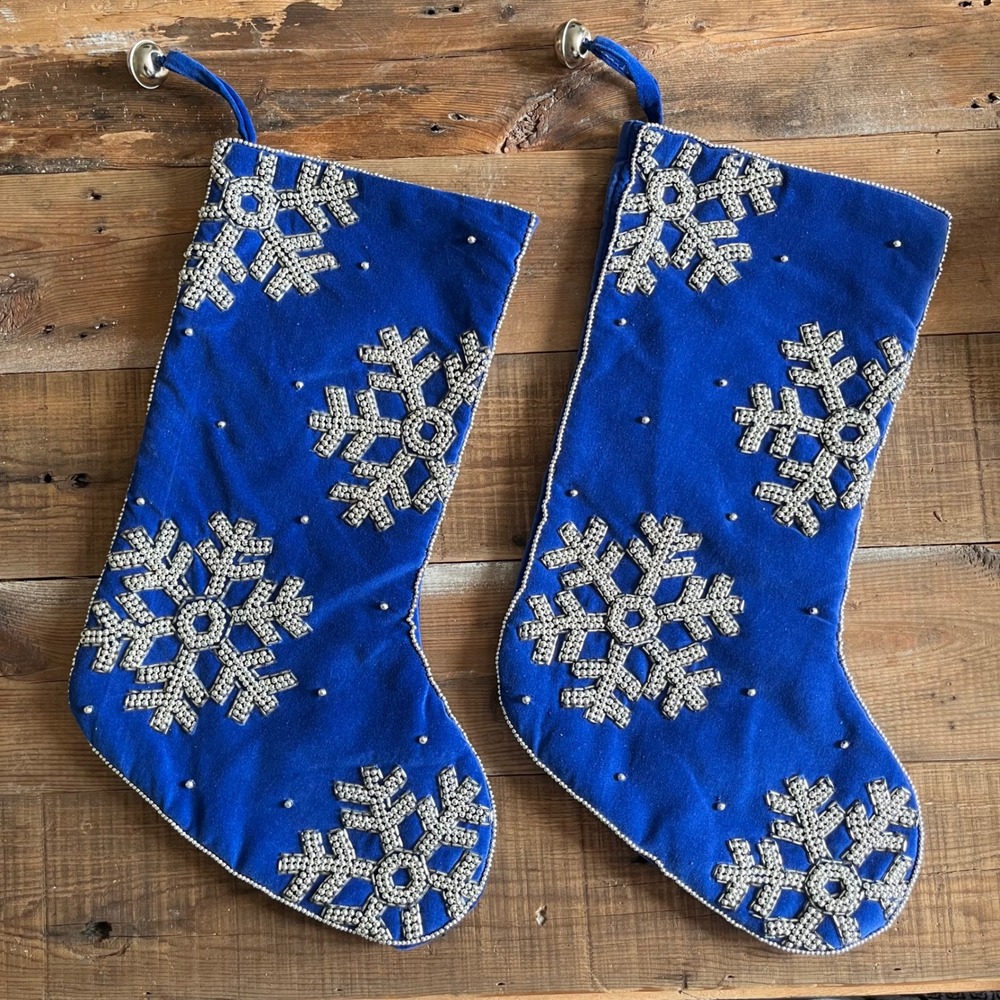 Set of 2 Royal Blue Velvet Christmas Stockings Silver Beaded Snowflake 16 inch